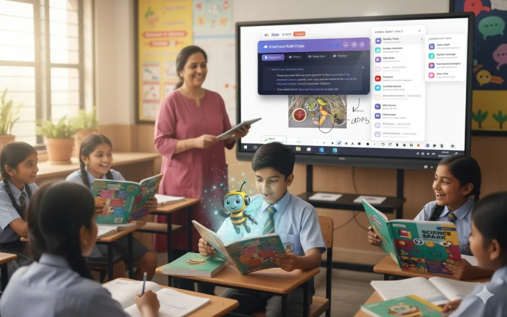 An Edubull classroom: a teacher at the AI panel with students working from AI-hybrid textbooks